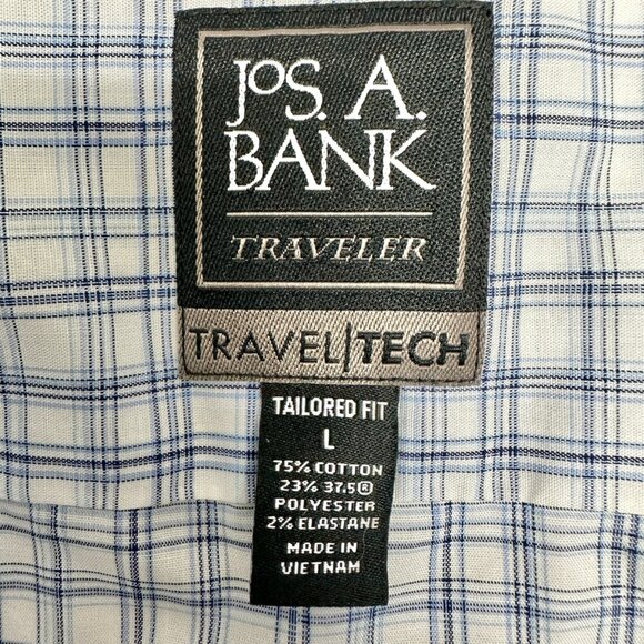 Jos A Bank Traveler Tailored Shirt L Blue Plaid Cotton Blend LS TravelTech - Picture 6 of 8